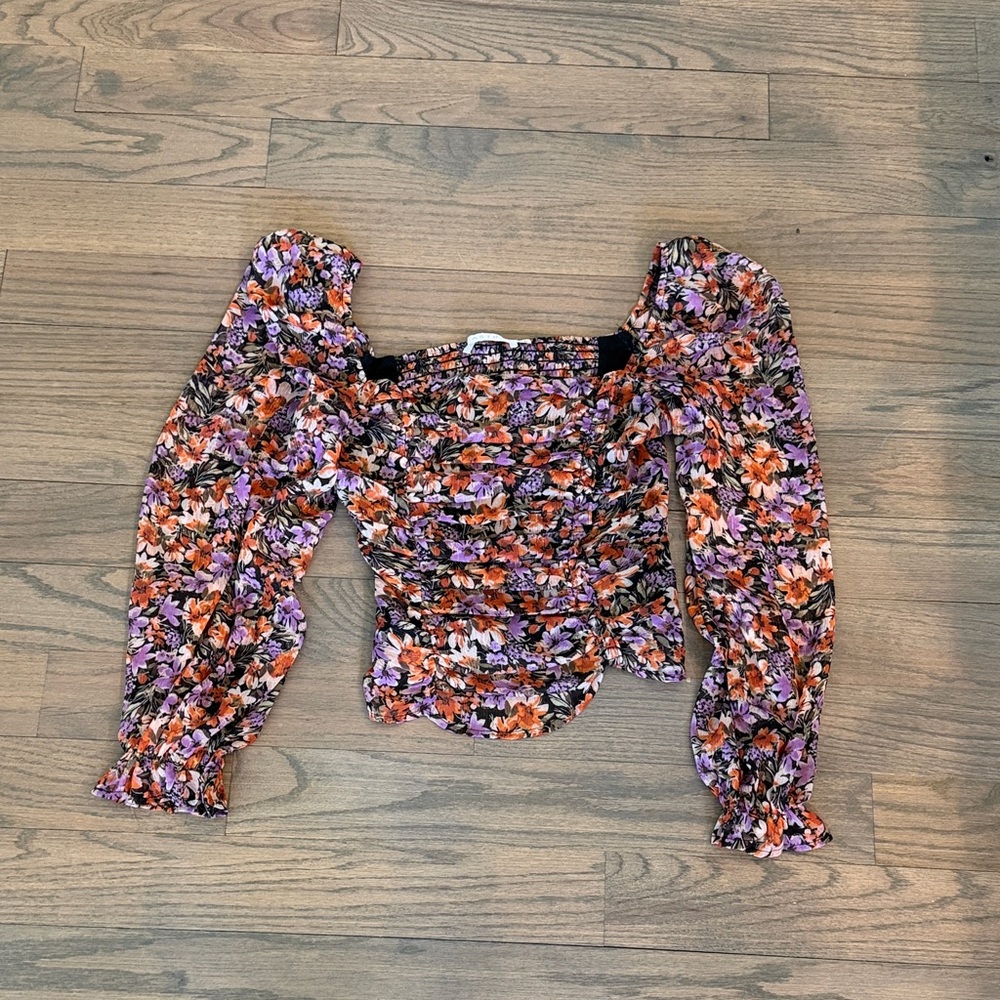 Astr Floral Ruched Puff-Sleeve Crop Top - Orange & Purple